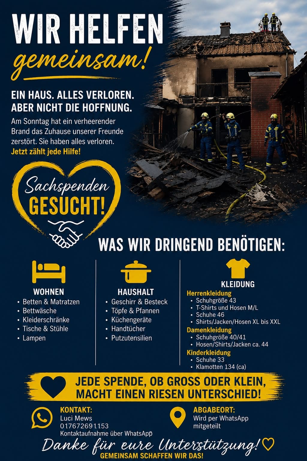 Wir helfen gemeinsam - Sachspenden für betroffene Familie gesucht